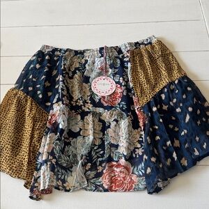 NWT Umgee Floral Patchwork Mini Skirt - Navy and Gold Sz LG waist flat 16” L 17”